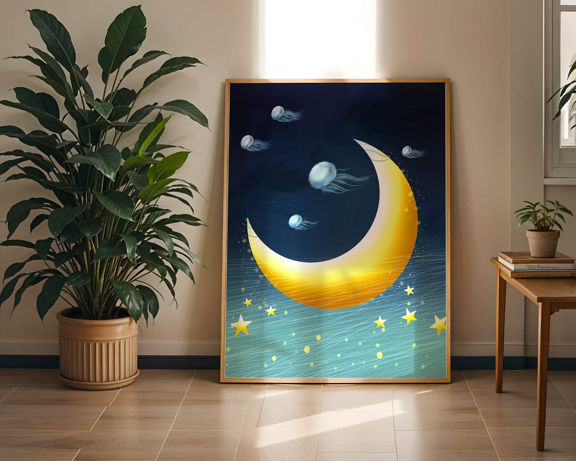 Night sky with golden crescent moon and jellyfish drifting
