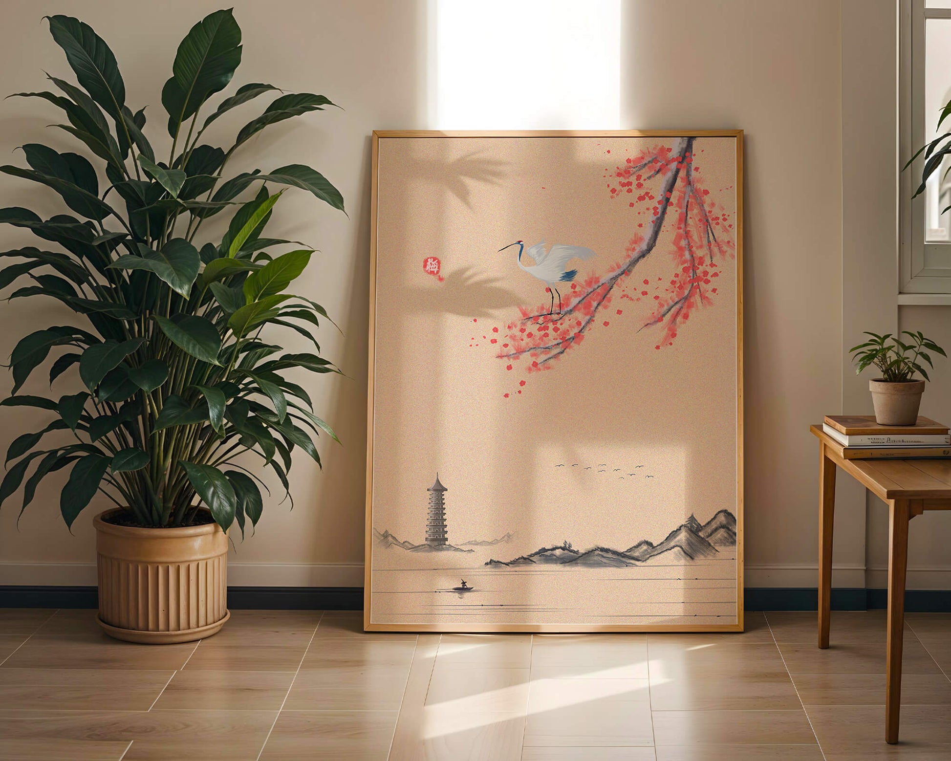 Serene landscape with crane and cherry blossom branch in East Asian style
