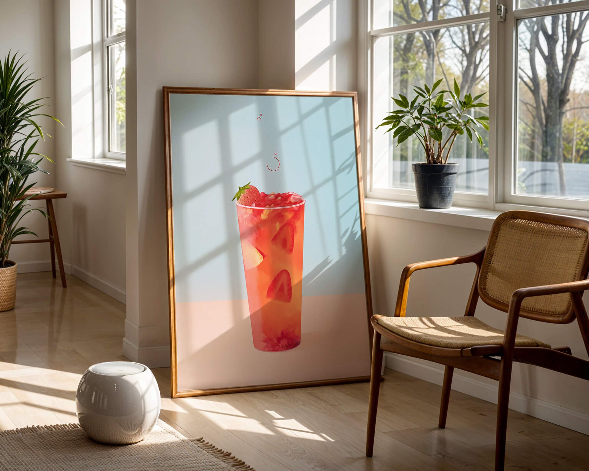 Refreshing strawberry drink with floating slices on pastel background