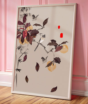 Elegant nature illustration featuring butterflies and birds on a branch