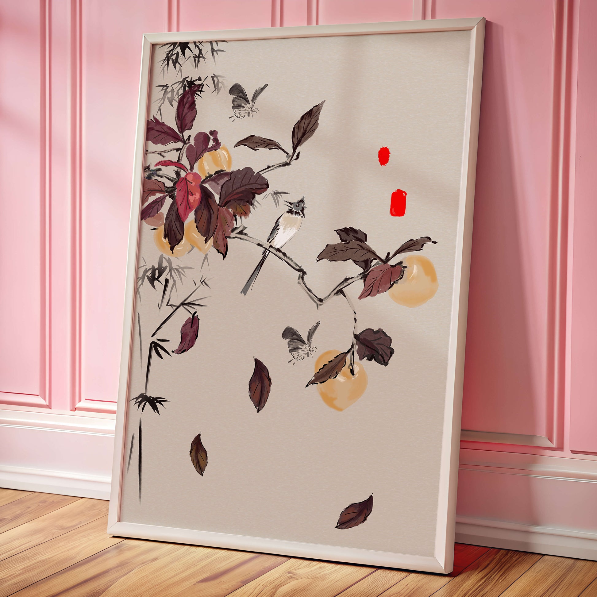 Elegant nature illustration featuring butterflies and birds on a branch