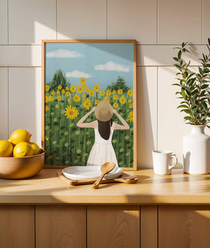 Mujer con vestido blanco admirando un campo de girasoles