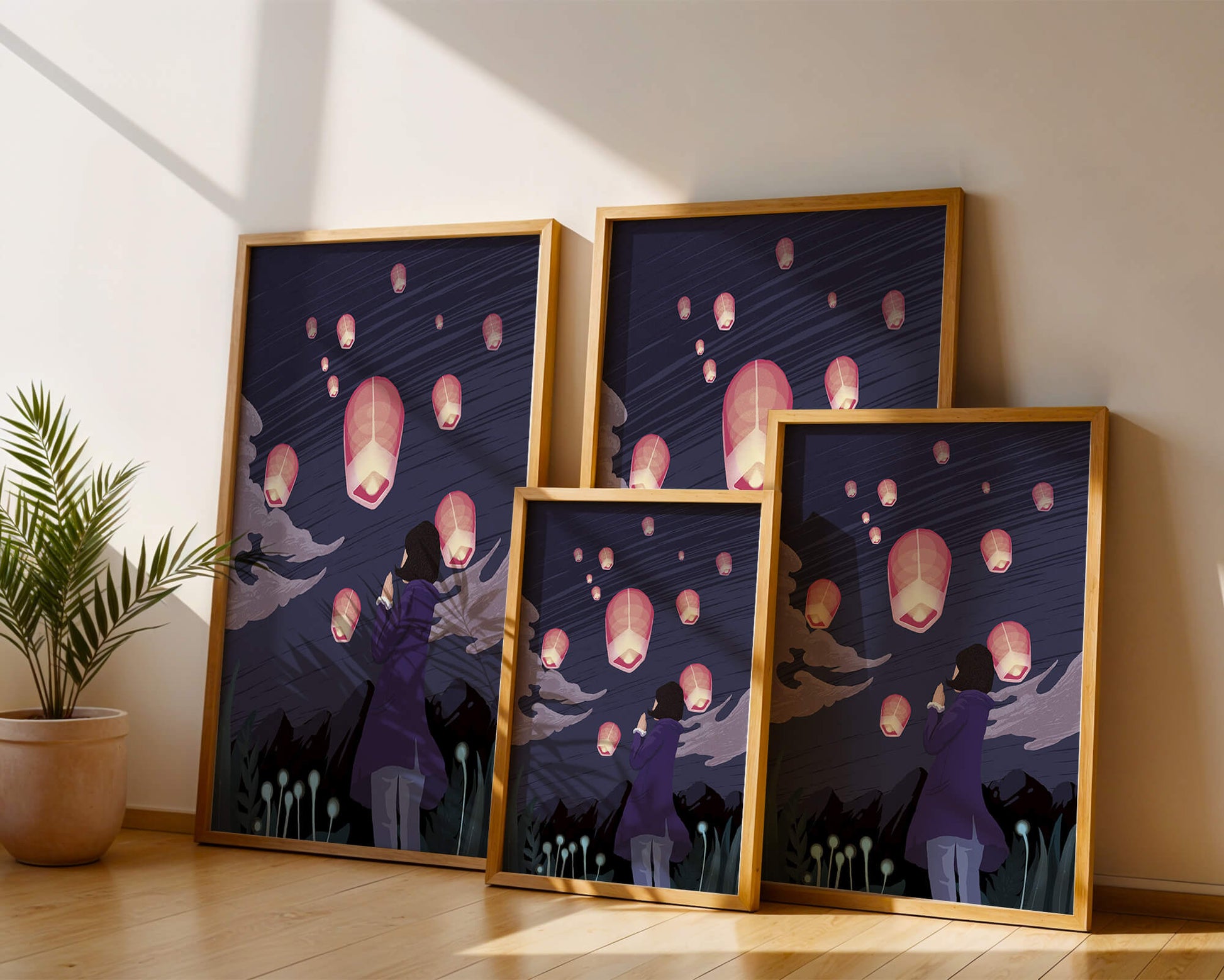 Girl Watching Pink Lanterns Soaring into the Night Sky