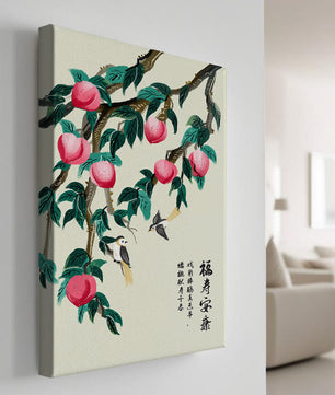 Delicate illustration of peach tree with birds and calligraphy