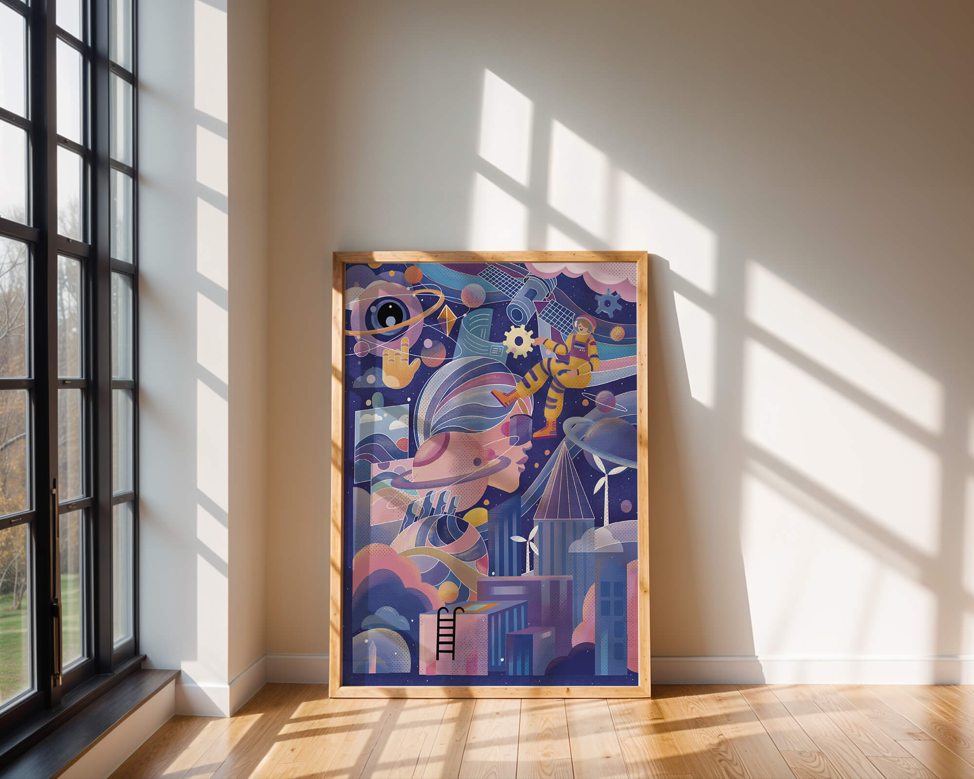 Futuristic space exploration artwork with astronaut and planets