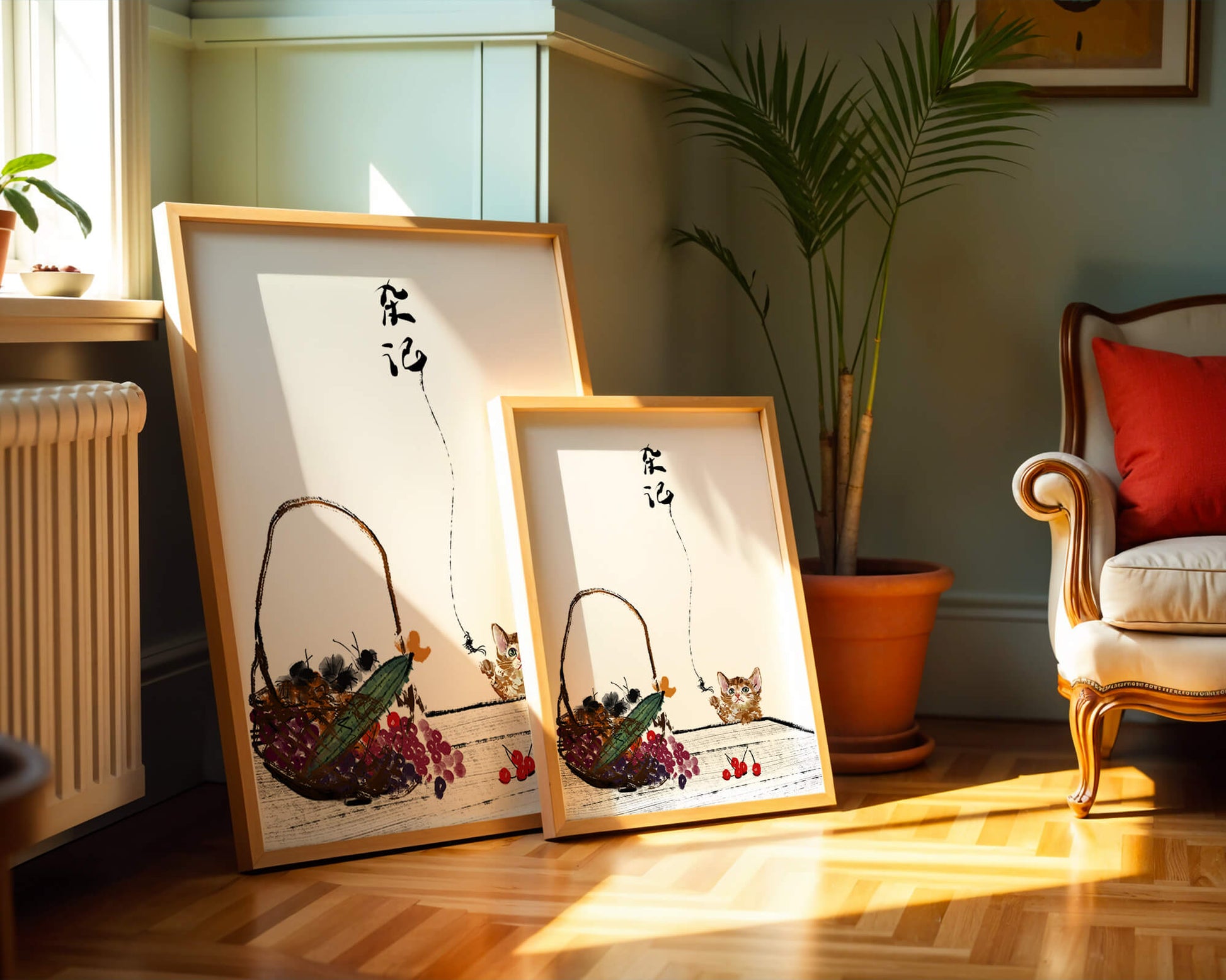 Juguetón gatito con frutas y arte de caligrafía