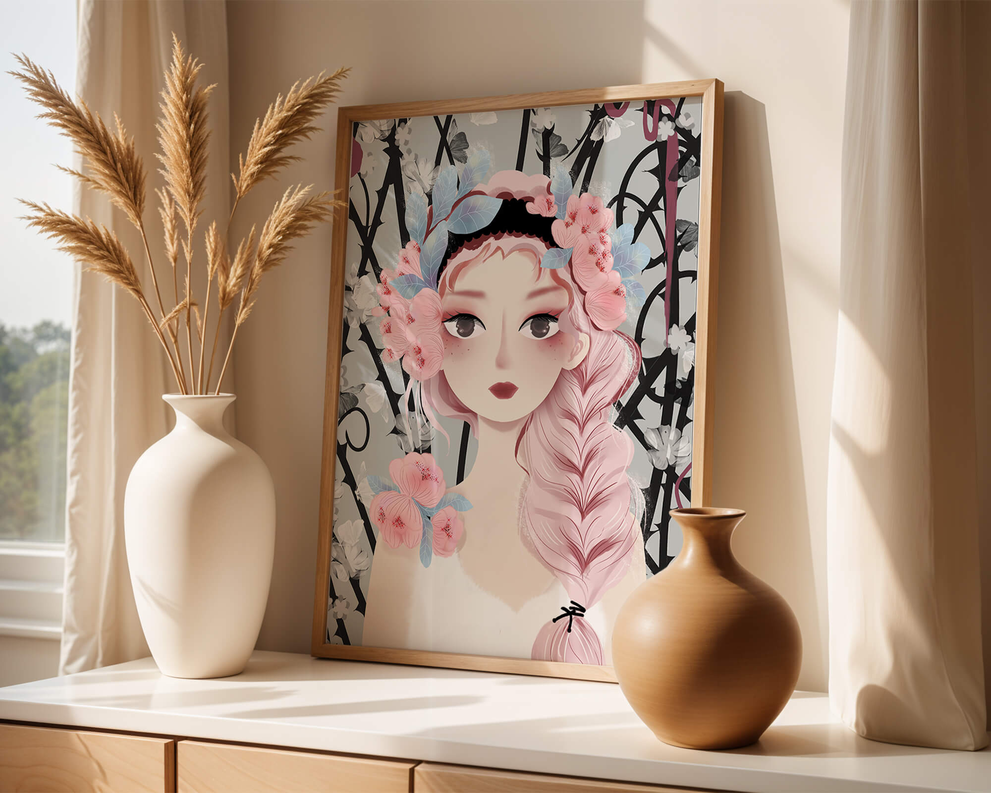 Whimsical illustration of a girl with pink hair and floral crown