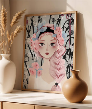 Ilustración caprichosa de una chica con cabello rosa y corona floral
