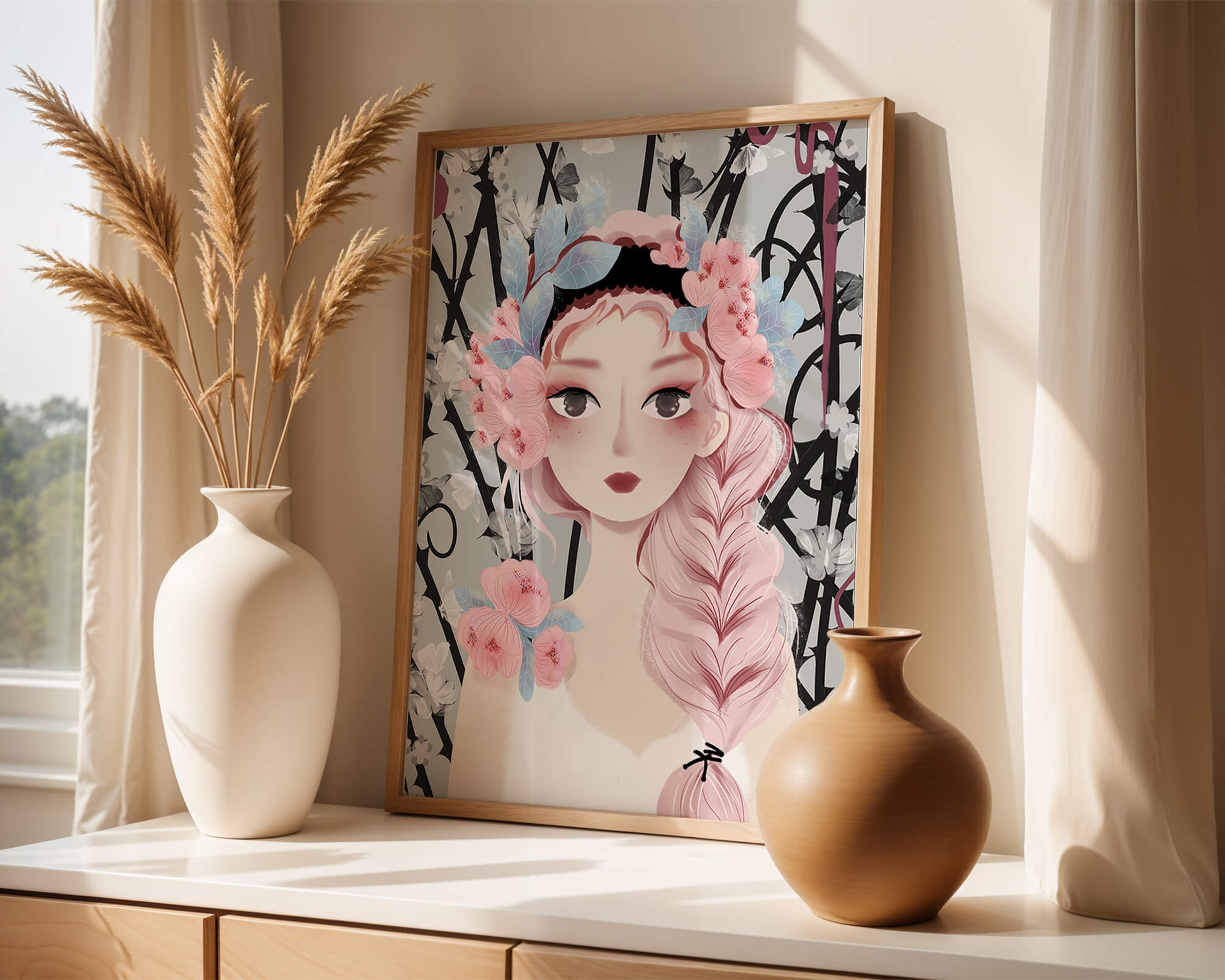 Whimsical illustration of a girl with pink hair and floral crown