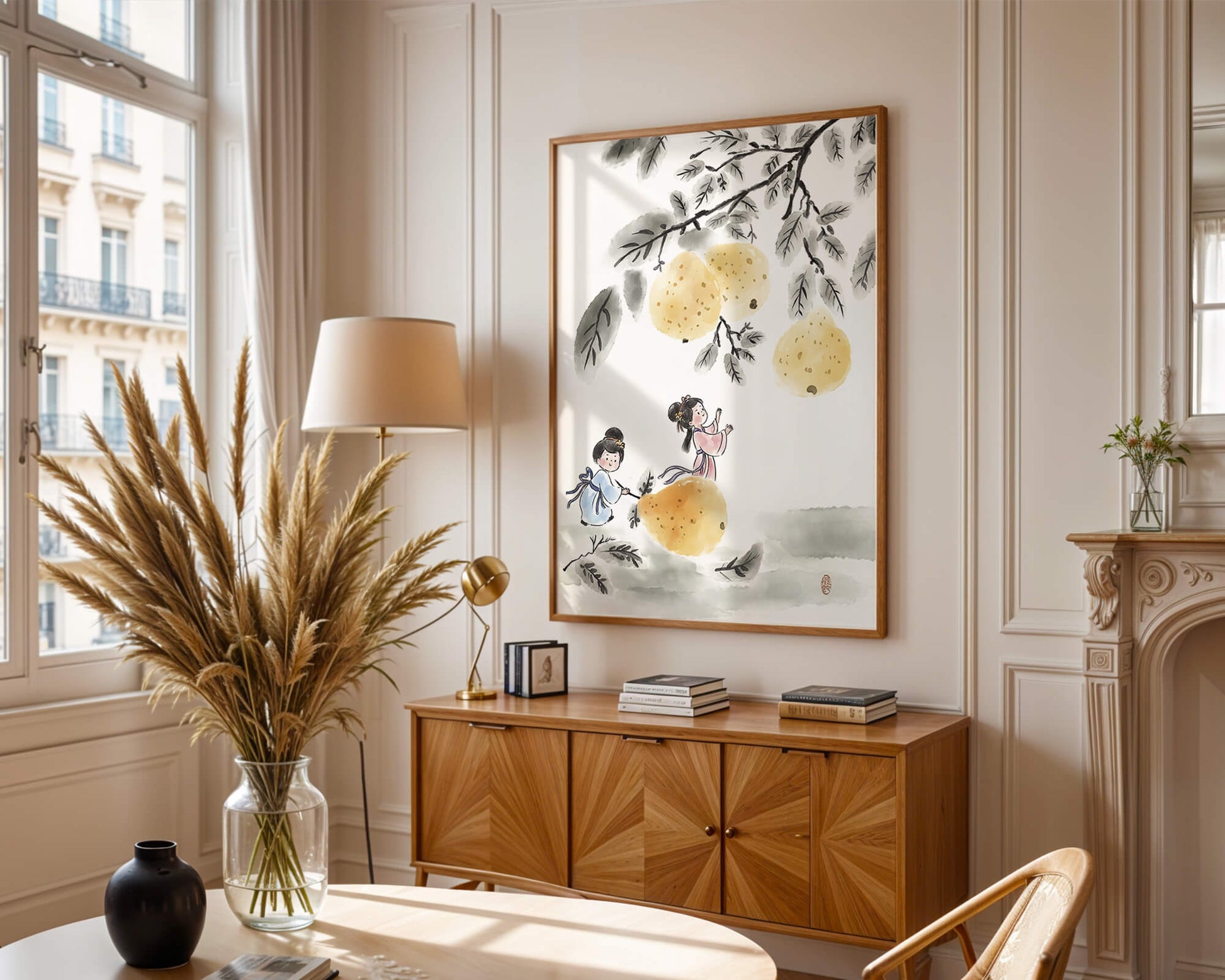 Ilustración encantadora de niños en vestimenta tradicional recolectando peras