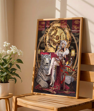 Elegant fantasy character with mystical tiger and ornate decor