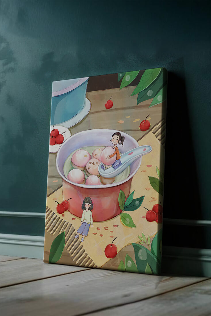Charming illustration of children with dessert in a whimsical setting