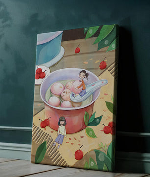 Charming illustration of children with dessert in a whimsical setting