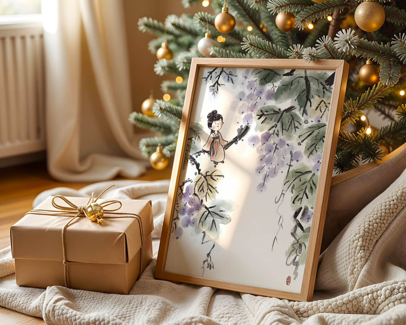 Una chica caprichosa sentada en una rama con bayas moradas y hojas verdes en estilo acuarela