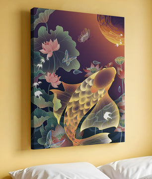Bunte Koi-Fische mit Lotusblumen und Schmetterlingen bei Sonnenuntergang