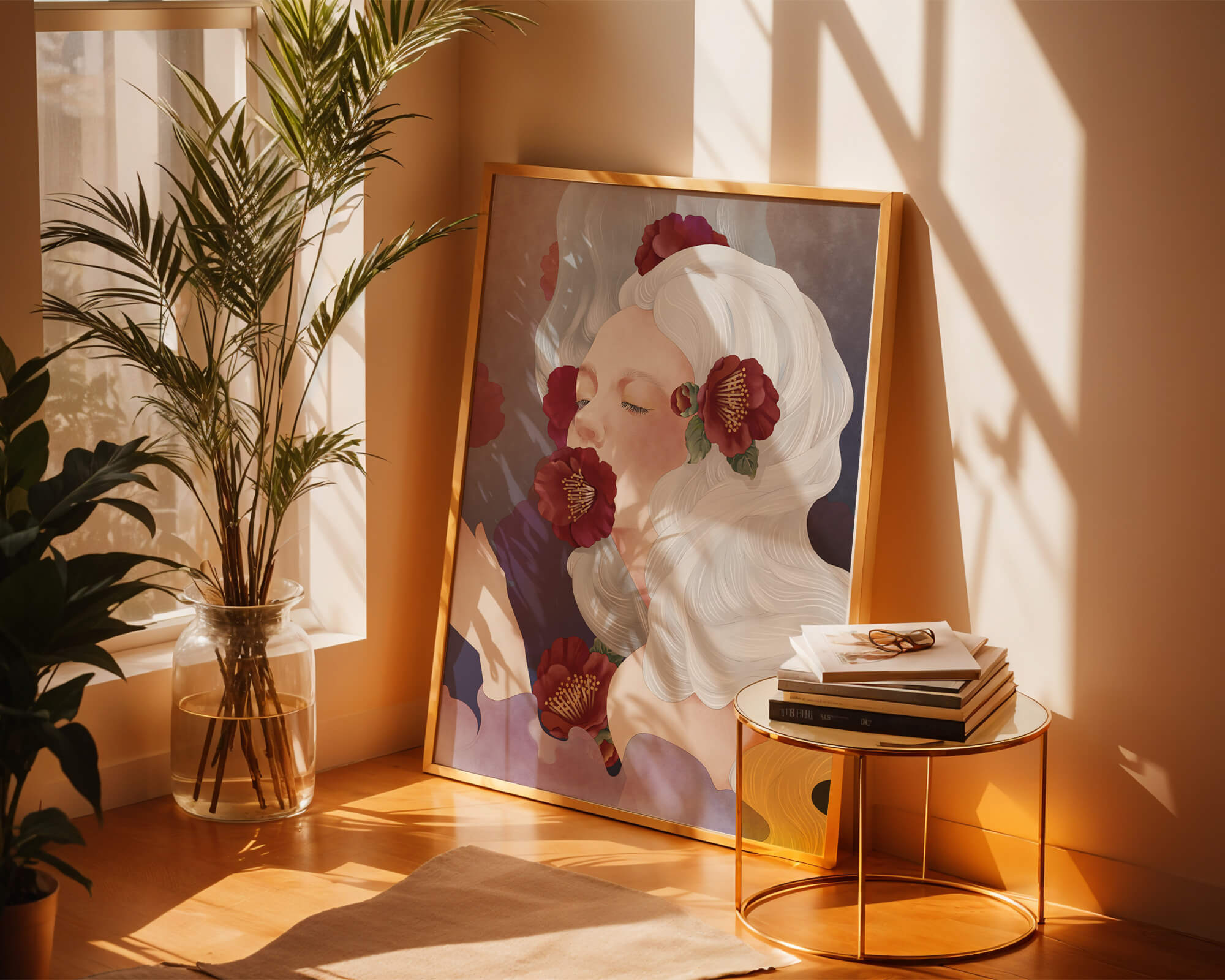 Dreamy Portrait of a Woman with White Hair and Red Flowers