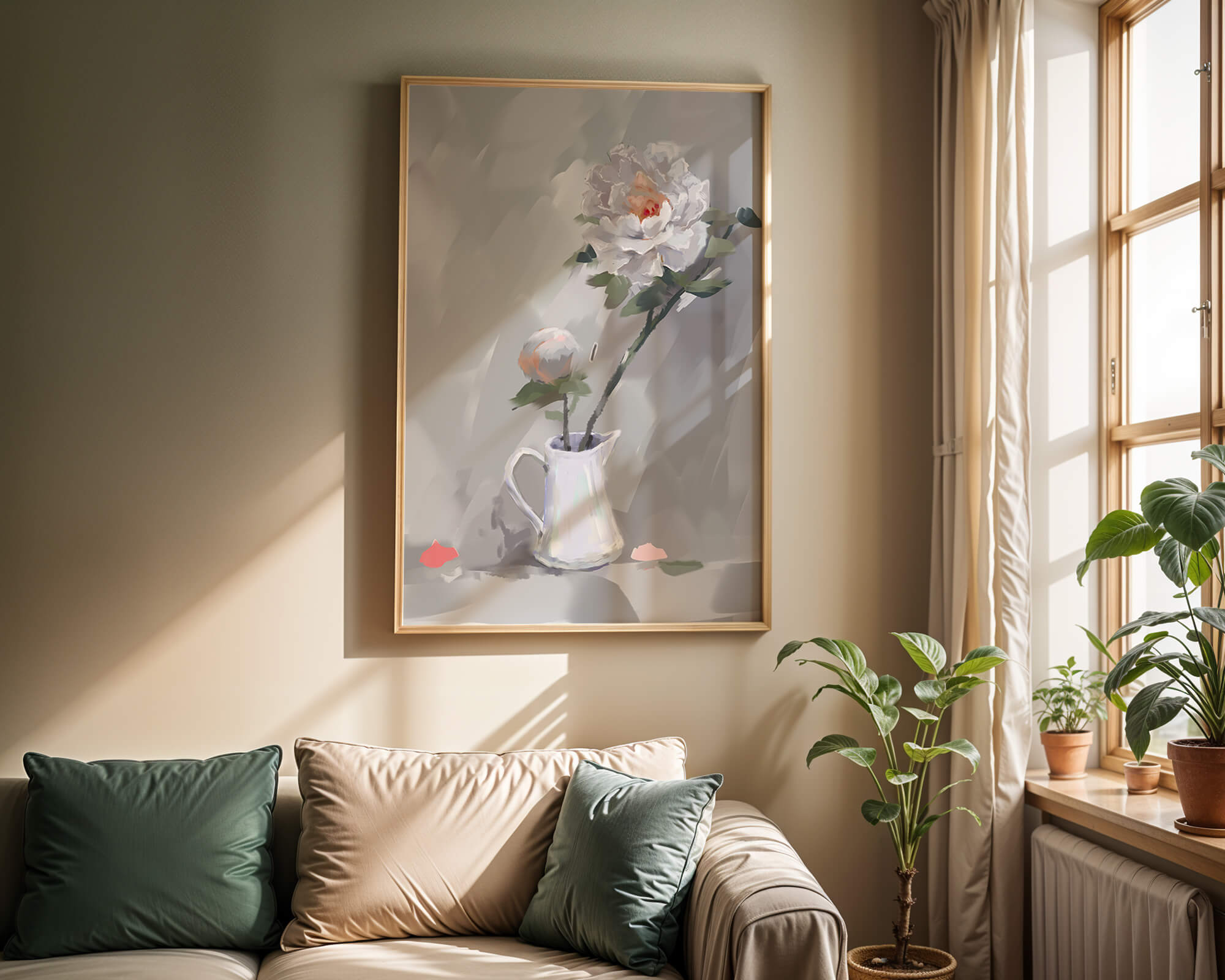 Elegant white peonies in a ceramic jug with soft pastel background