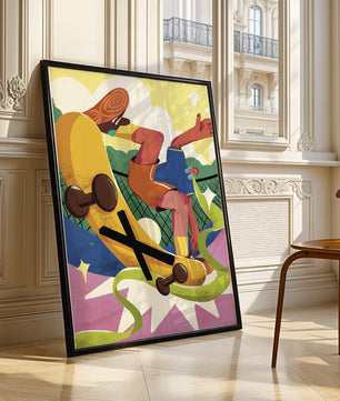 Ilustración abstracta colorida con un skater en movimiento dinámico