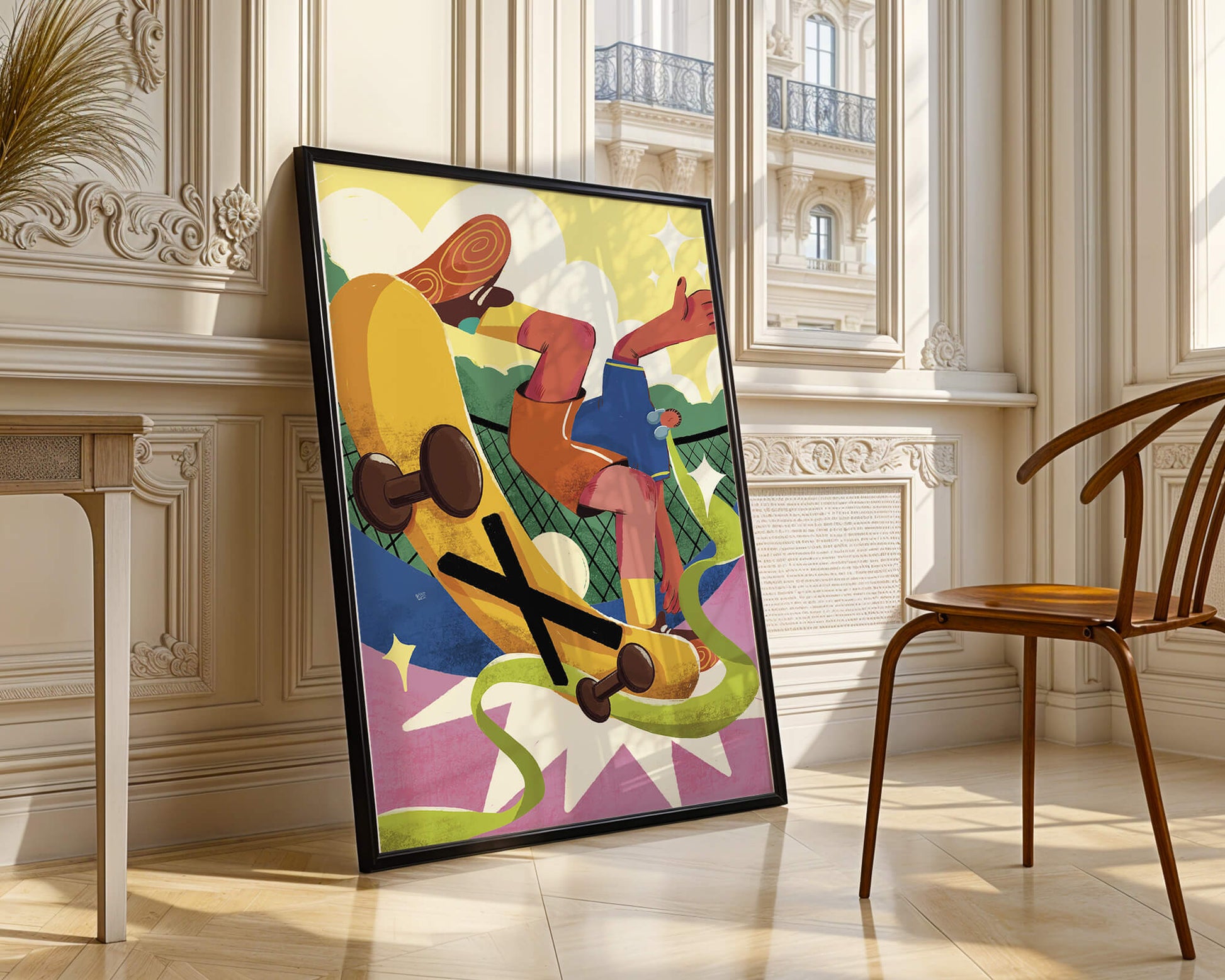 Ilustración abstracta colorida con un skater en movimiento dinámico