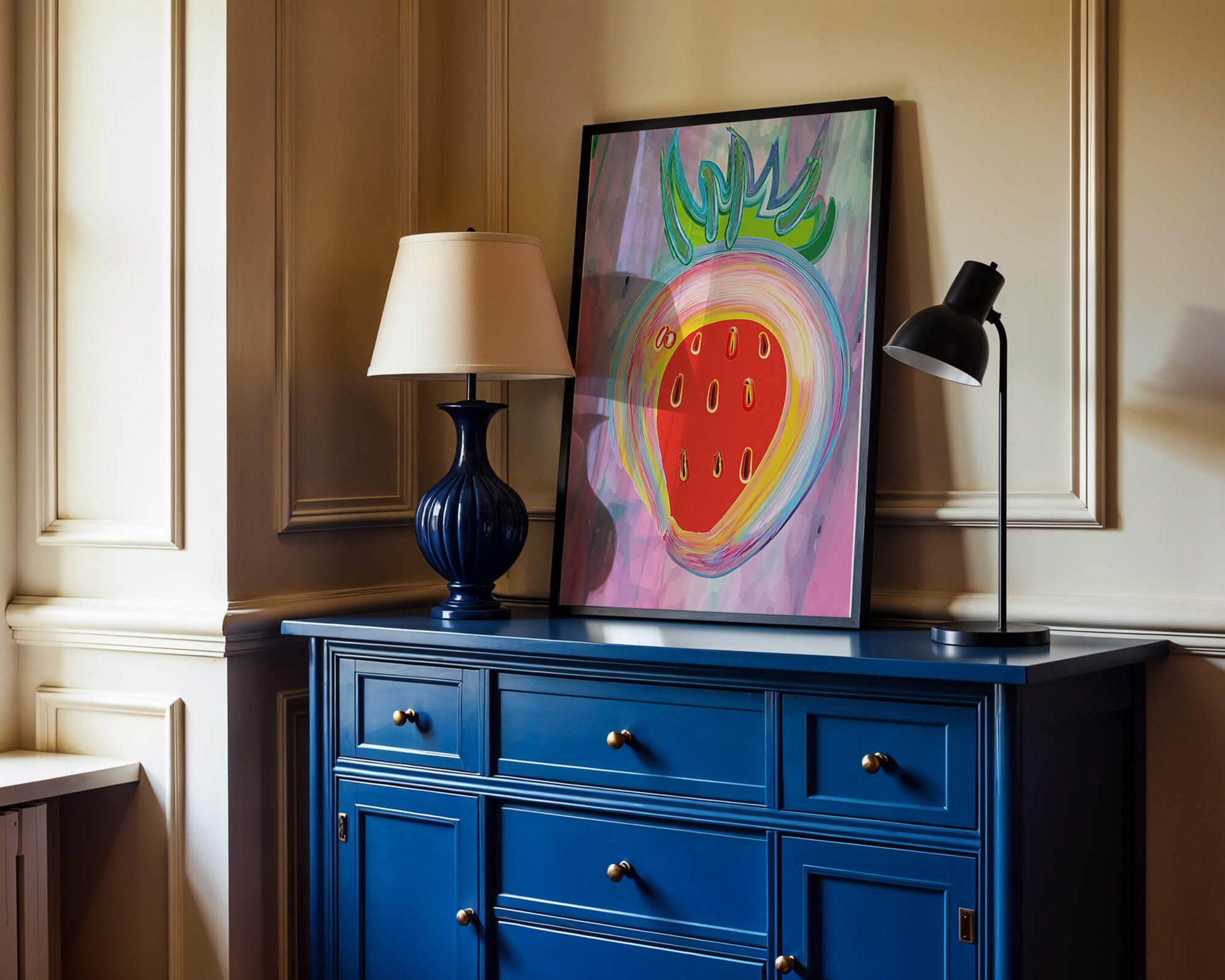 Colorful abstract strawberry with vibrant brush strokes