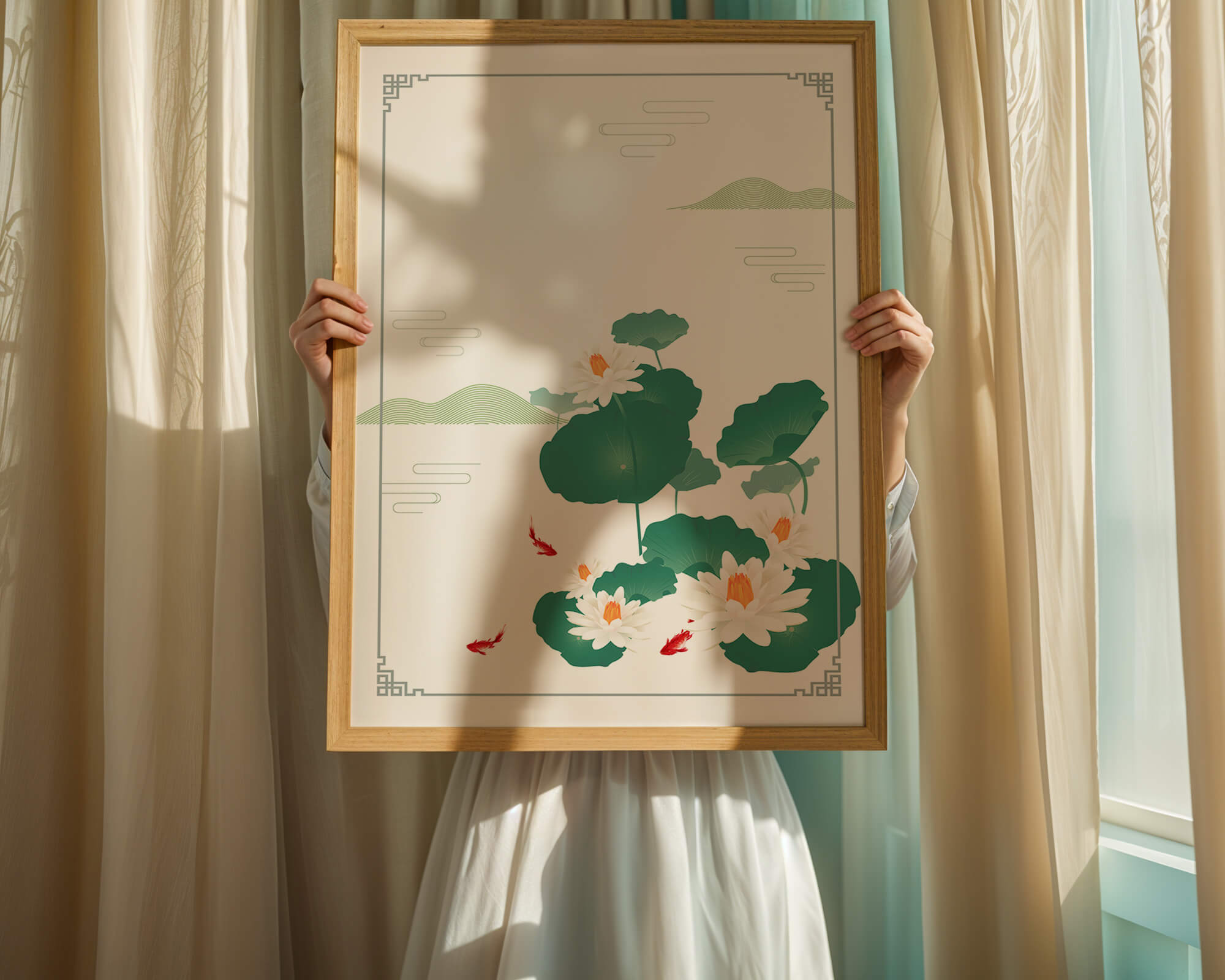 Elegant lotus and koi fish illustration with oriental design elements