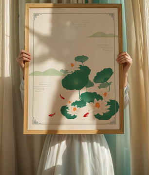 Elegante Lotus- und Koi-Fisch-Illustration mit orientalischen Designelementen