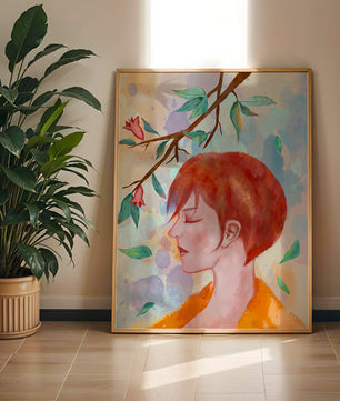 Illustrative artwork of a woman with red hair and floral branch