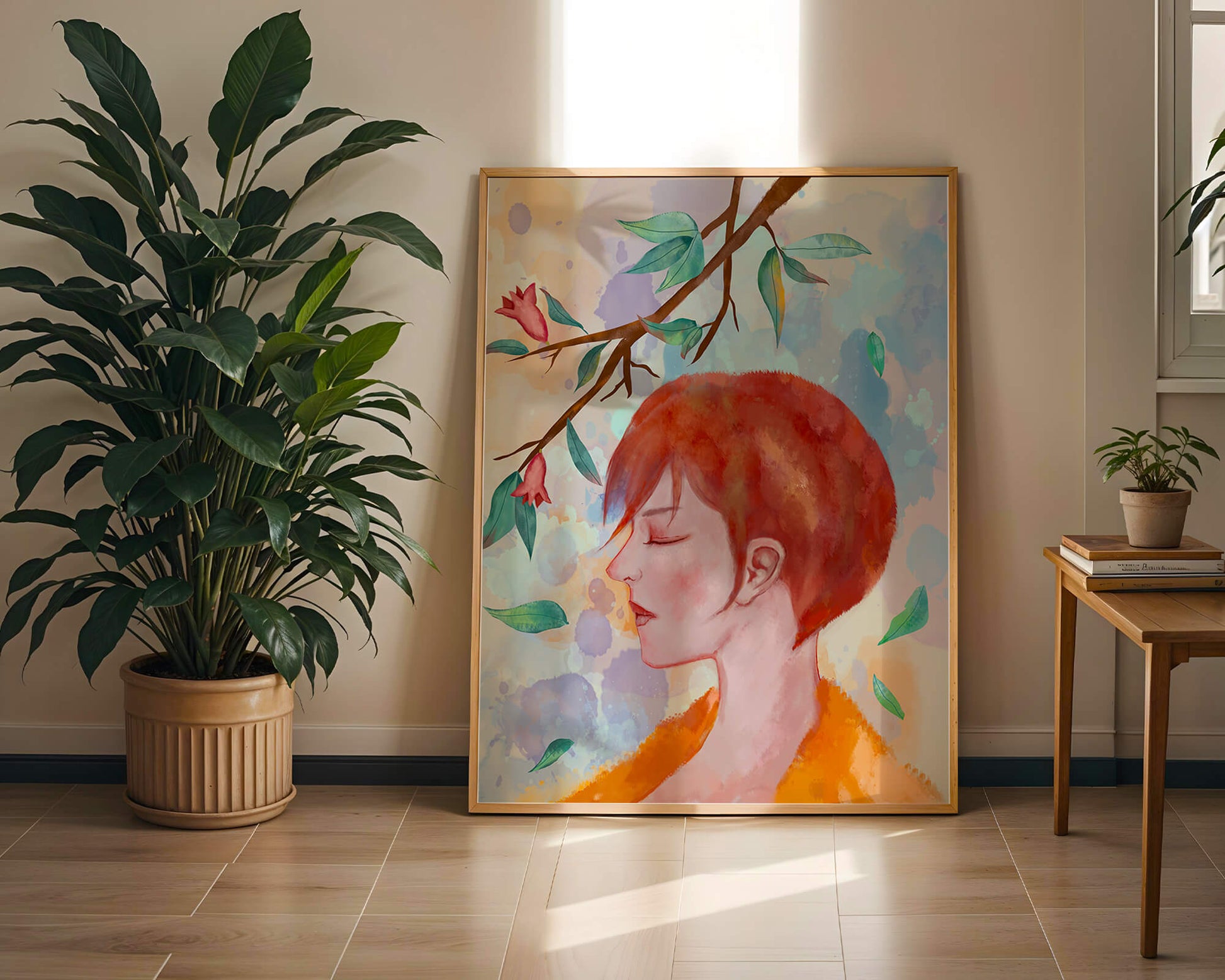 Illustrative artwork of a woman with red hair and floral branch