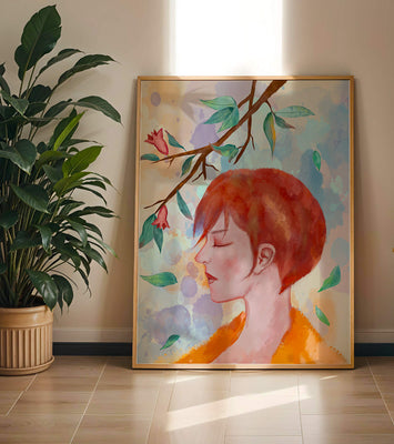 Illustrative artwork of a woman with red hair and floral branch