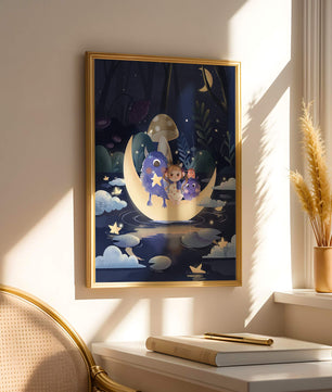 Escena nocturna onírica con un niño y monstruos amigables sobre una luna creciente
