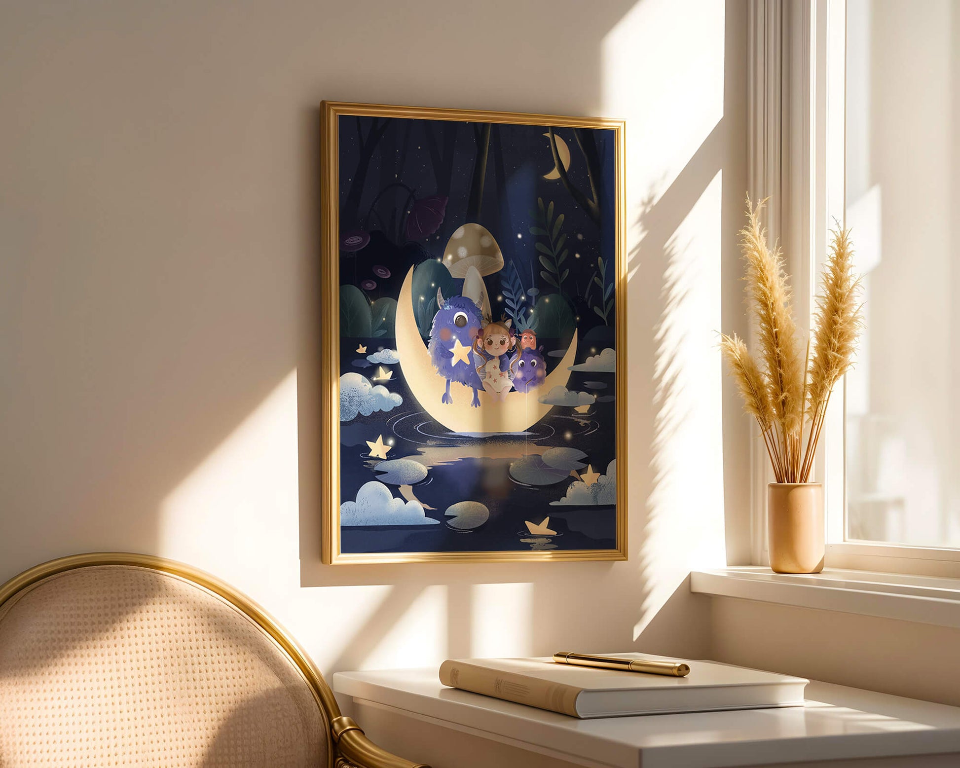 Dreamy night scene with a child and friendly monsters on a crescent moon