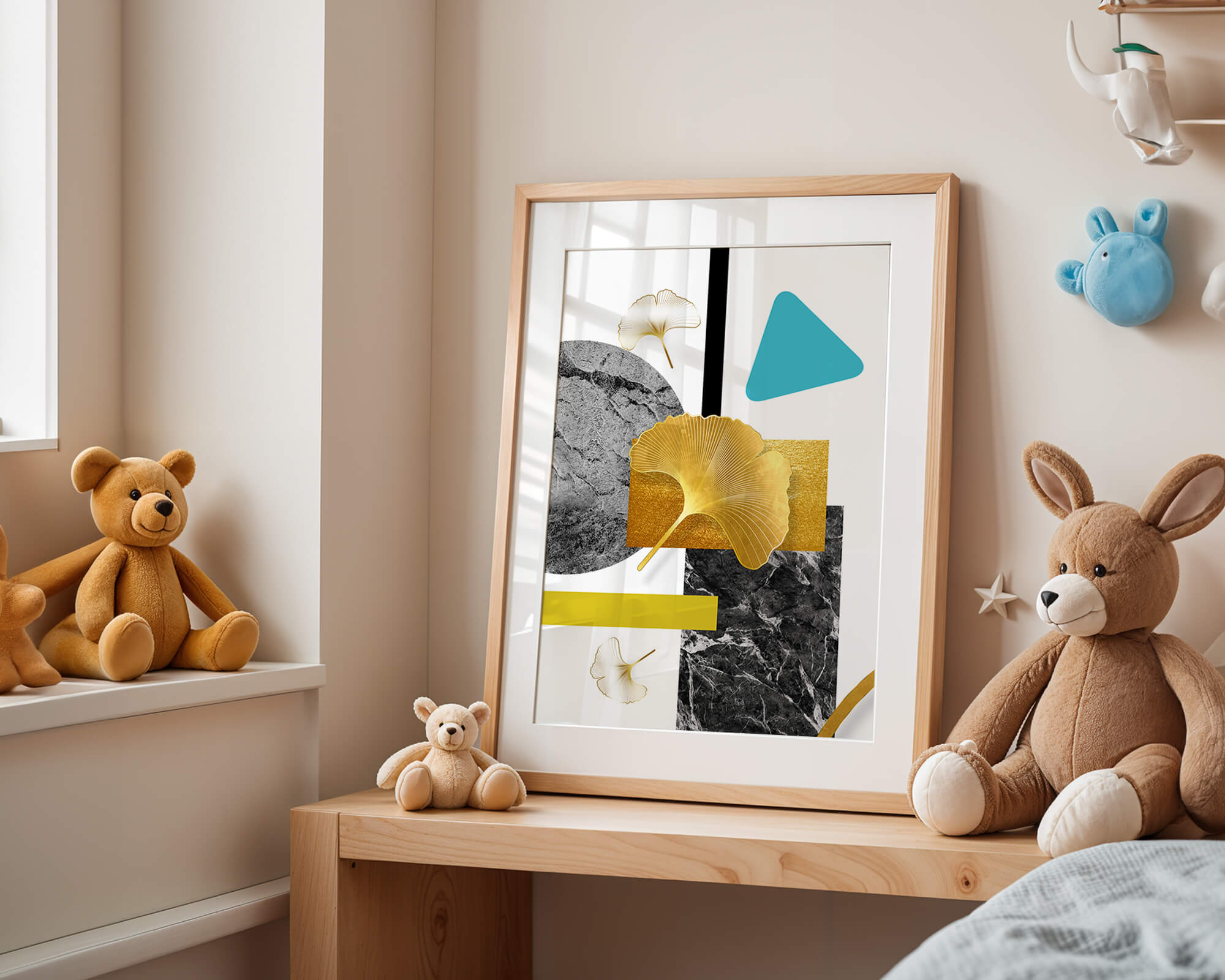 Geometric Abstract Composition with Gold Ginkgo Leaves