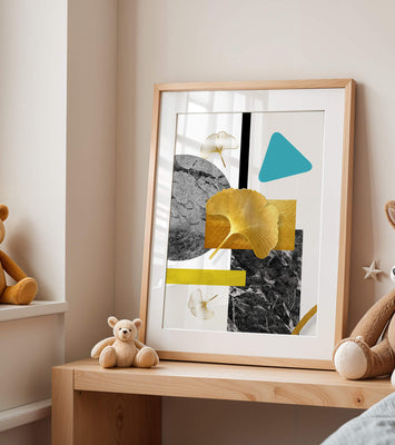 Geometric Abstract Composition with Gold Ginkgo Leaves