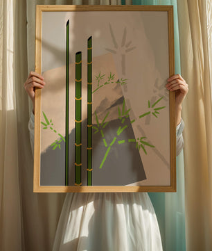 Arte minimalista de bambú con sombras abstractas de bambú
