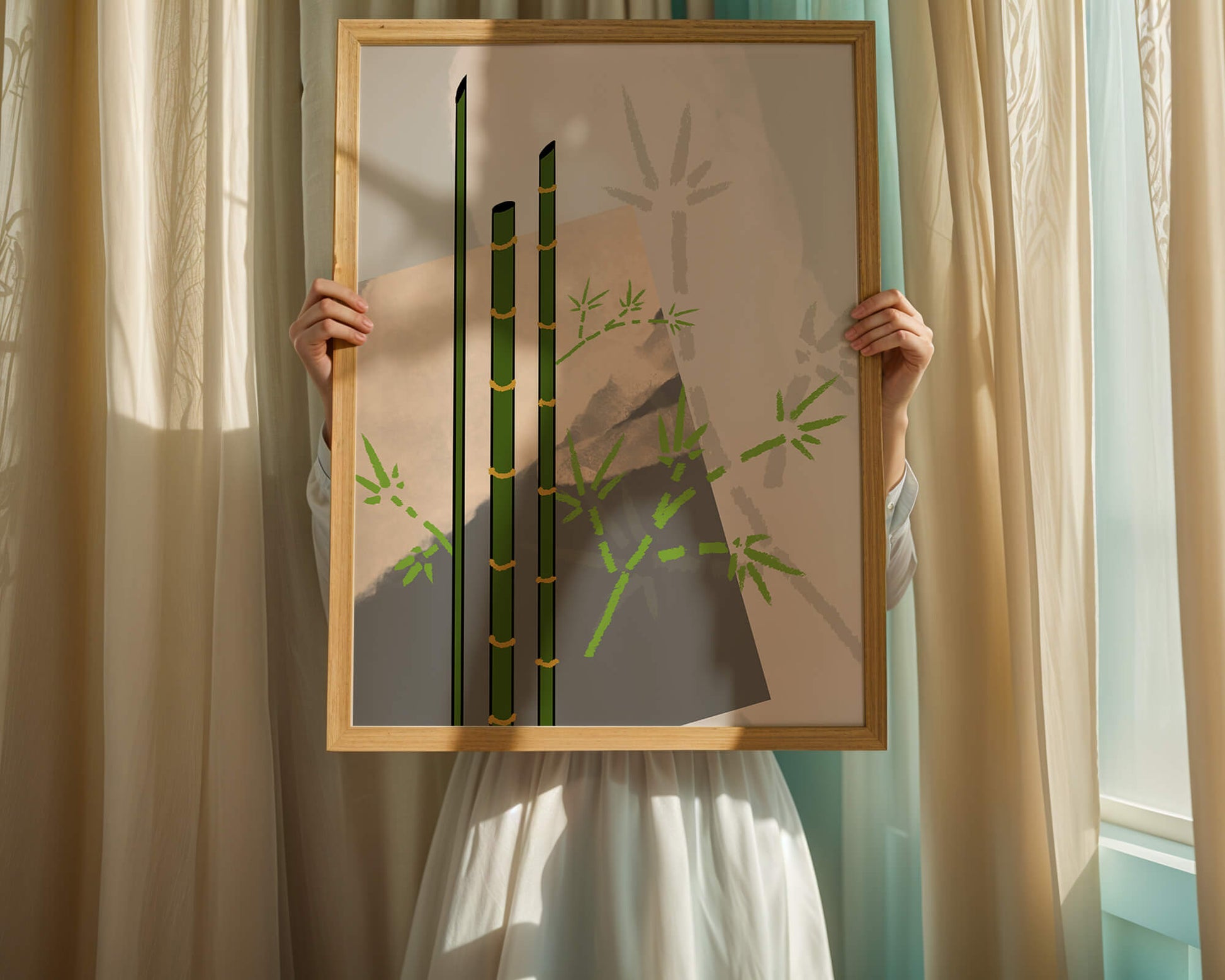 Arte minimalista de bambú con sombras abstractas de bambú