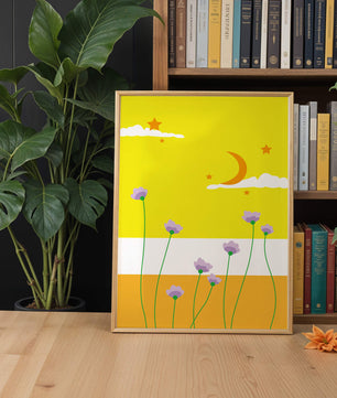 Illustrative landscape with crescent moon, stars, and flowers