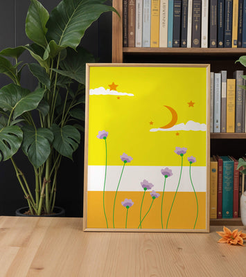 Illustrative landscape with crescent moon, stars, and flowers