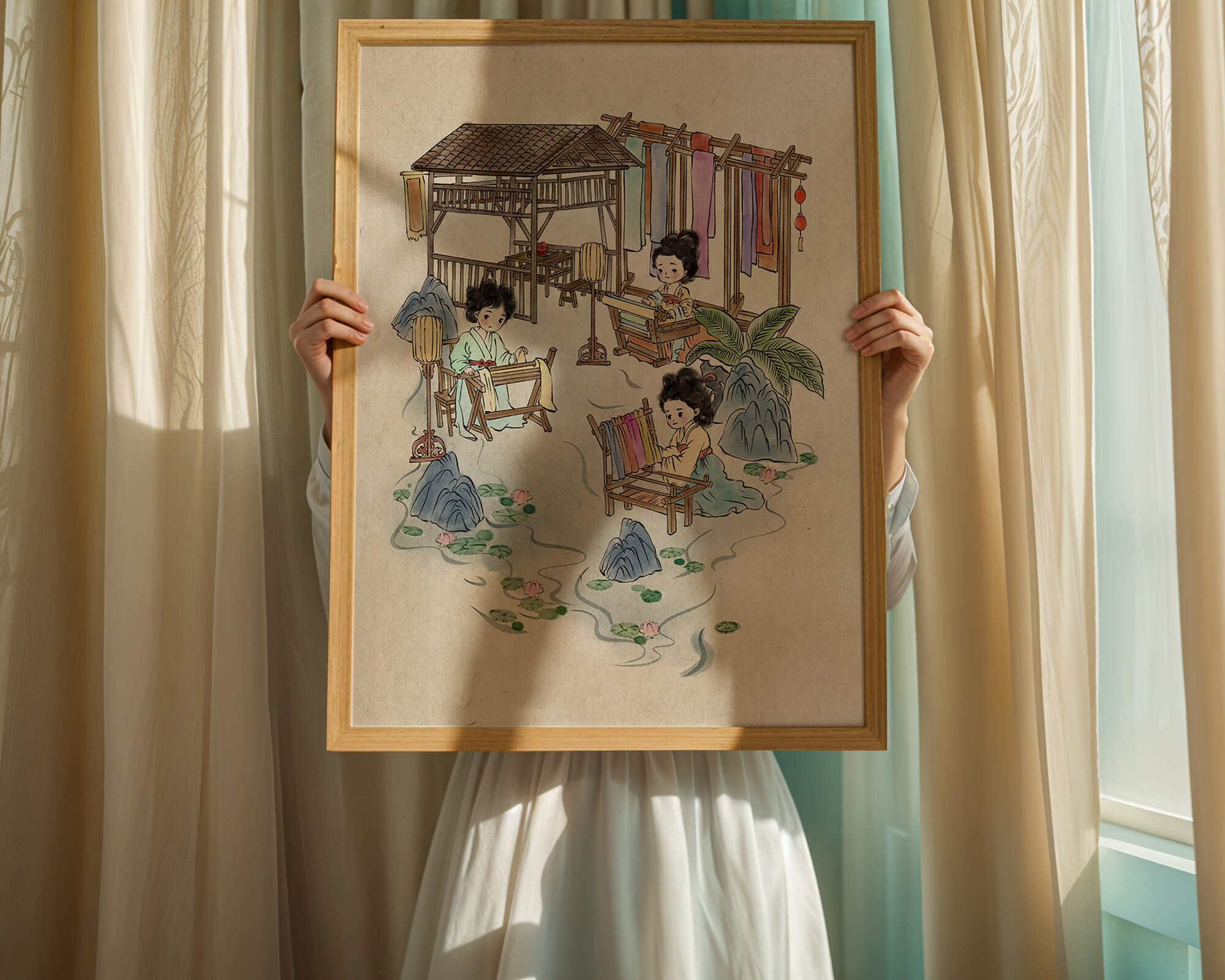 Charming illustration of traditional textile crafts in a serene setting