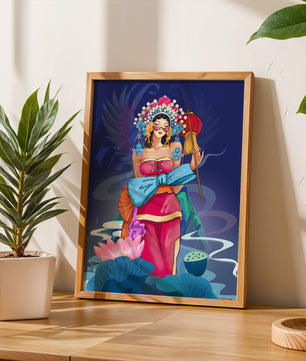 Colorful illustration of a woman in traditional attire with floral headdress