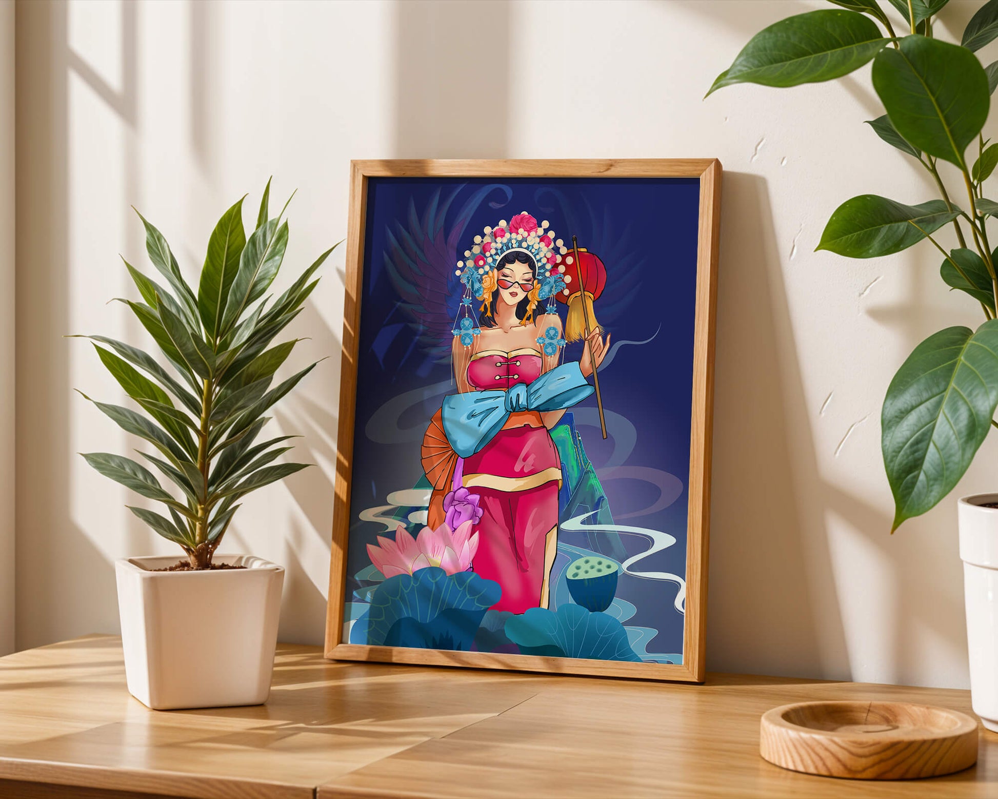 Colorful illustration of a woman in traditional attire with floral headdress