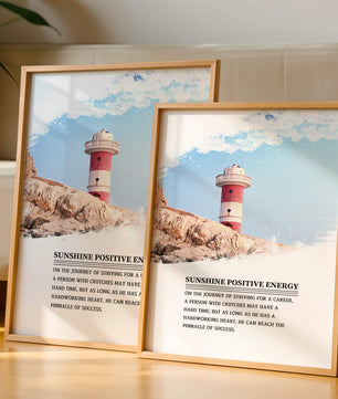Faro inspirador con texto motivacional y fondo de cielo