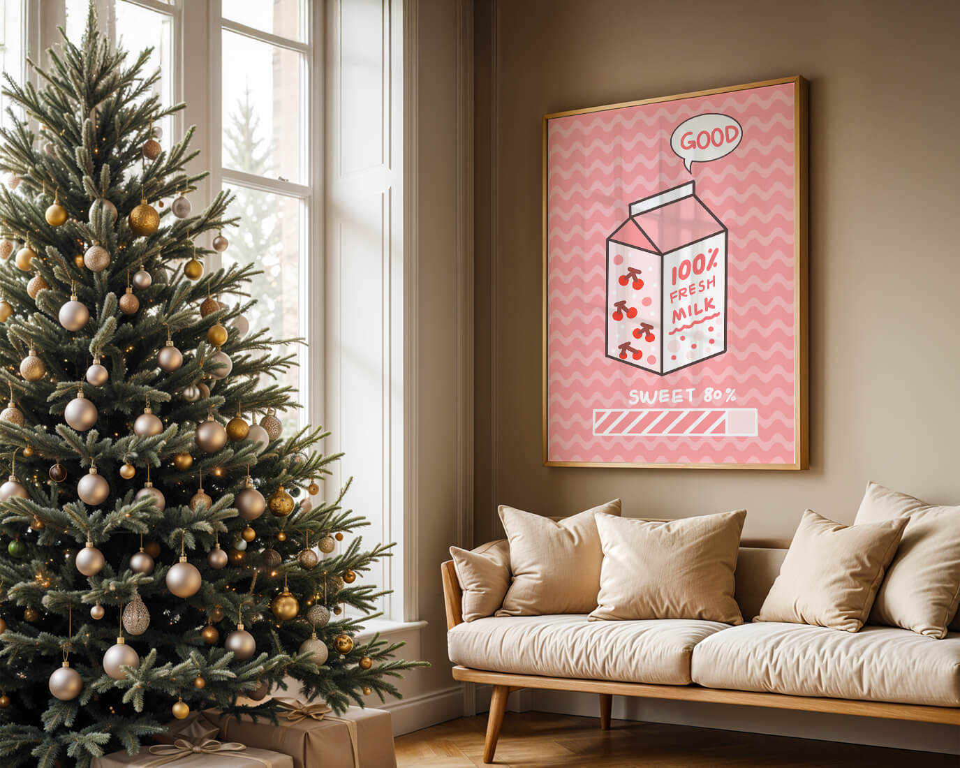 Playful illustration of milk carton with cherry design on pink background