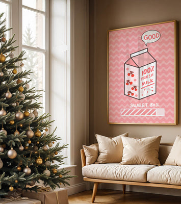 Playful illustration of milk carton with cherry design on pink background