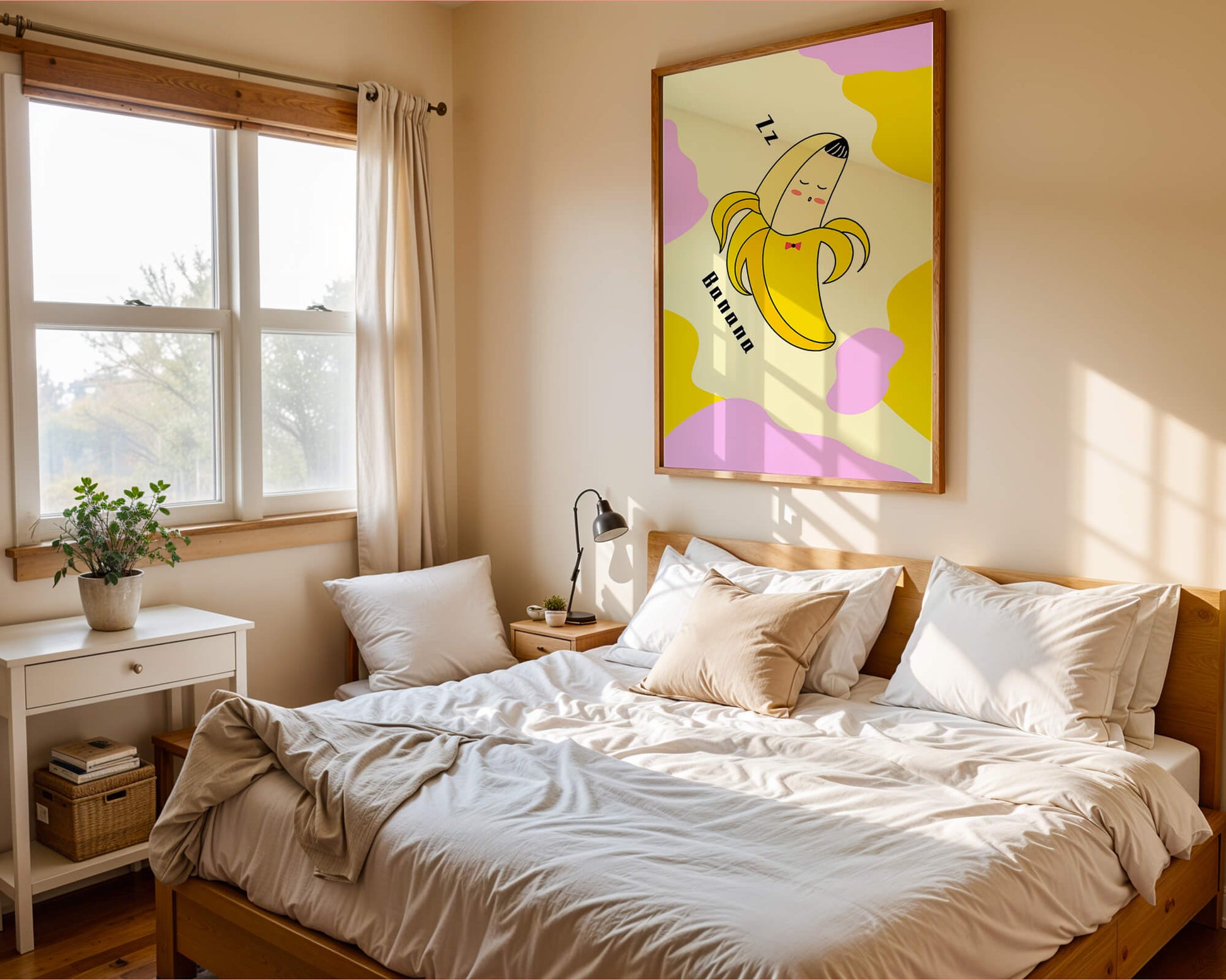 Playful illustration of a sleeping banana with colorful abstract background