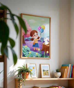 Charming Landscape with Girl Holding Balloons and White Bunny in Enchanted Forest