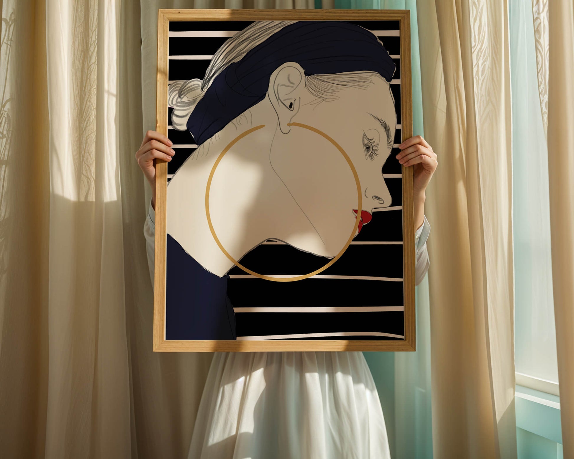 Profile of woman with hoop earrings and striped headscarf