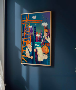 Illustrated construction workers on a high-rise building site