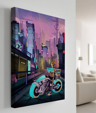 Paisaje urbano futurista cyberpunk con rascacielos iluminados con neón y motociclista