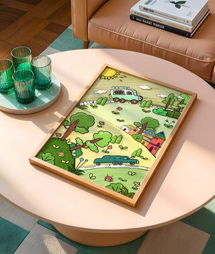Whimsical landscape with houses, cars, and colorful flora