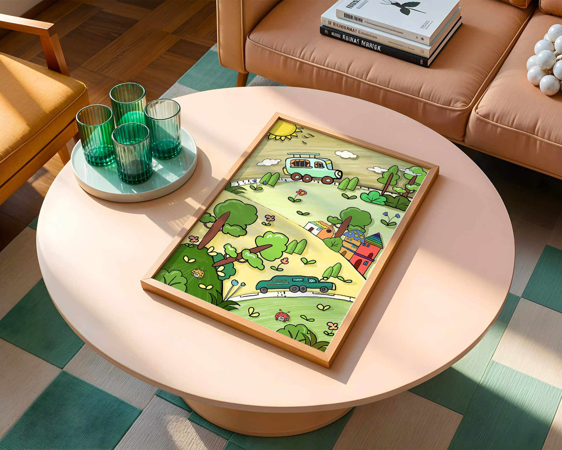 Whimsical landscape with houses, cars, and colorful flora